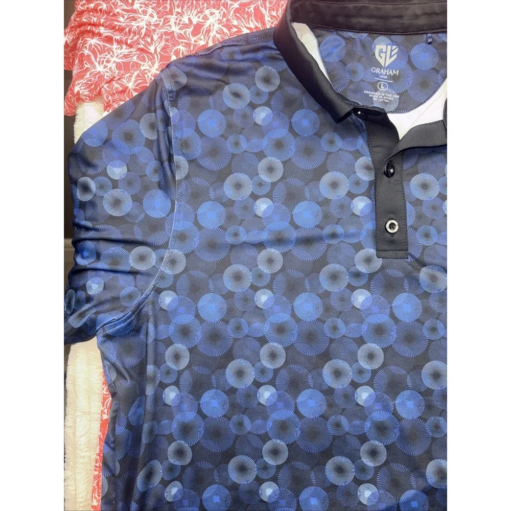 Graham Luxe Polo L Golf Shirts‎ Mens 2 Pack Bundle Set Coral Floral Blue Circles